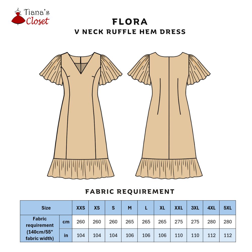 Flora v neck ruffle hem flutter sleeve dress free PDF sewing pattern