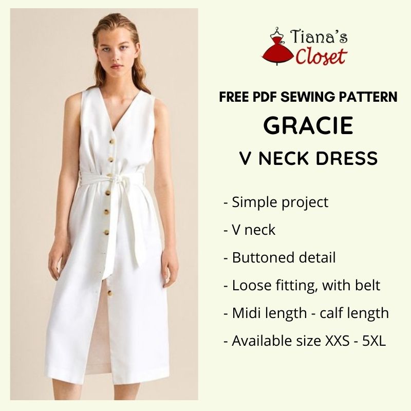 gracie v neck buttoned dress free pdf sewing pattern