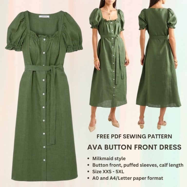 Ava button front milkmaid dress free PDF sewing pattern