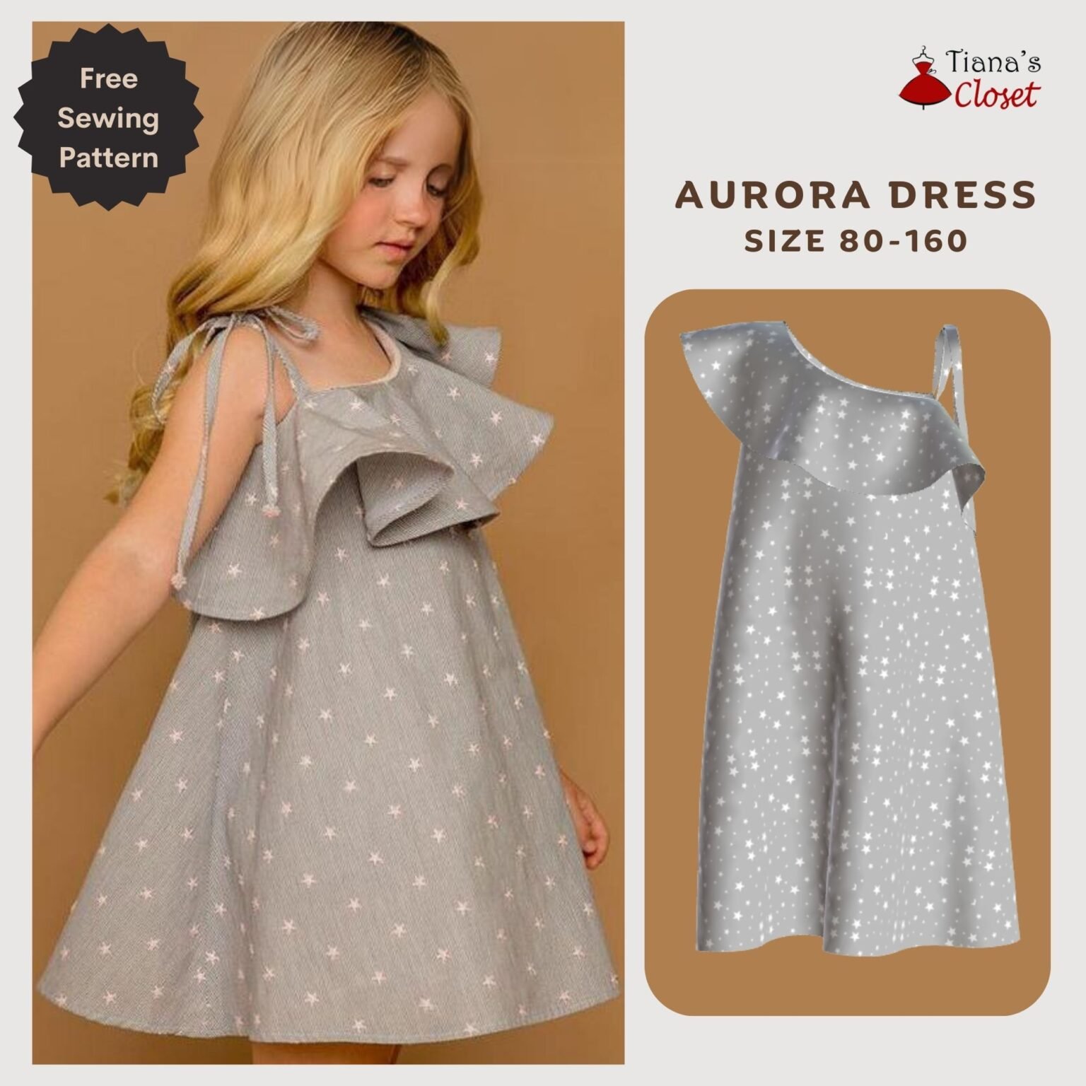 Aurora asymmetrical dress for girls – Free PDF sewing pattern – Tiana's