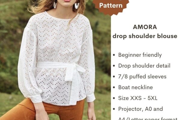 Amora drop shoulder puffed sleeve blouse - Free PDF sewing pattern