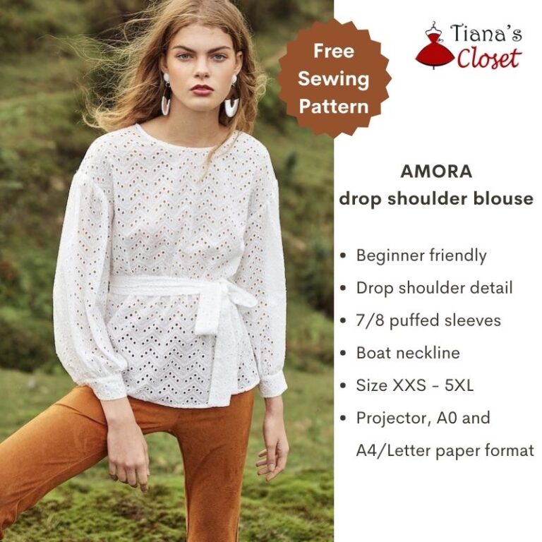 Amora drop shoulder puffed sleeve blouse – Free PDF sewing pattern ...