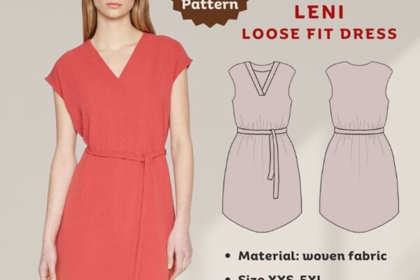 Leni loose fit V neck dress free pdf sewing pattern