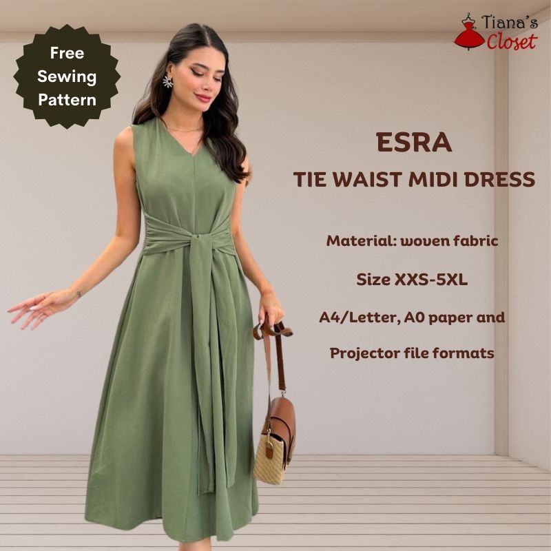 Esra tie waist midi dress - Free PDF sewing pattern