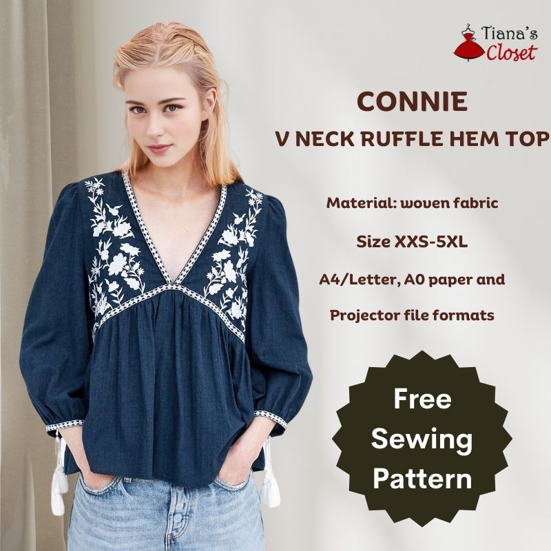 Connie V neck ruffle hem top