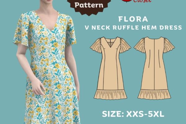 Flora v neck ruffle hem flutter sleeve dress free PDF sewing pattern