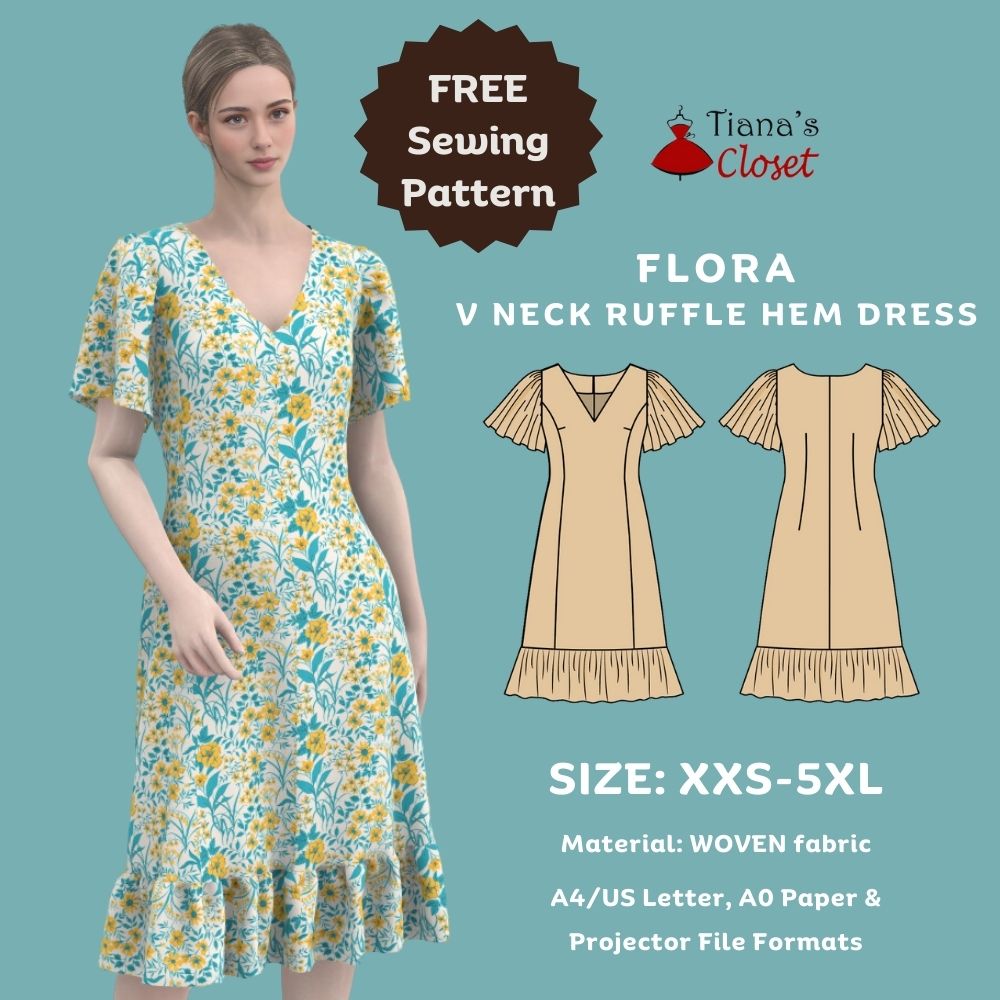 Flora v neck ruffle hem flutter sleeve dress free PDF sewing pattern