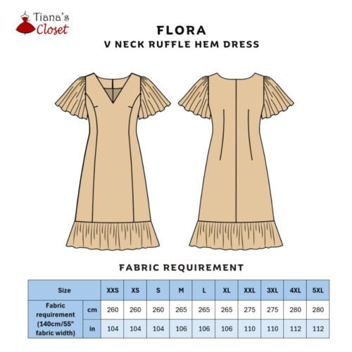 Flora v neck ruffle hem flutter sleeve dress free PDF sewing pattern