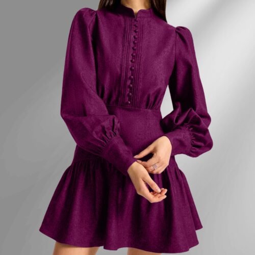 Gaelle Mandarin collar puffed sleeve dress - Image 5