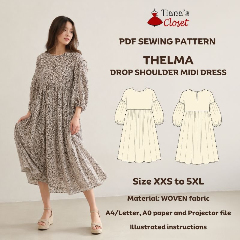 Thelma Drop Shoulder Puffed Sleeve Midi Dress