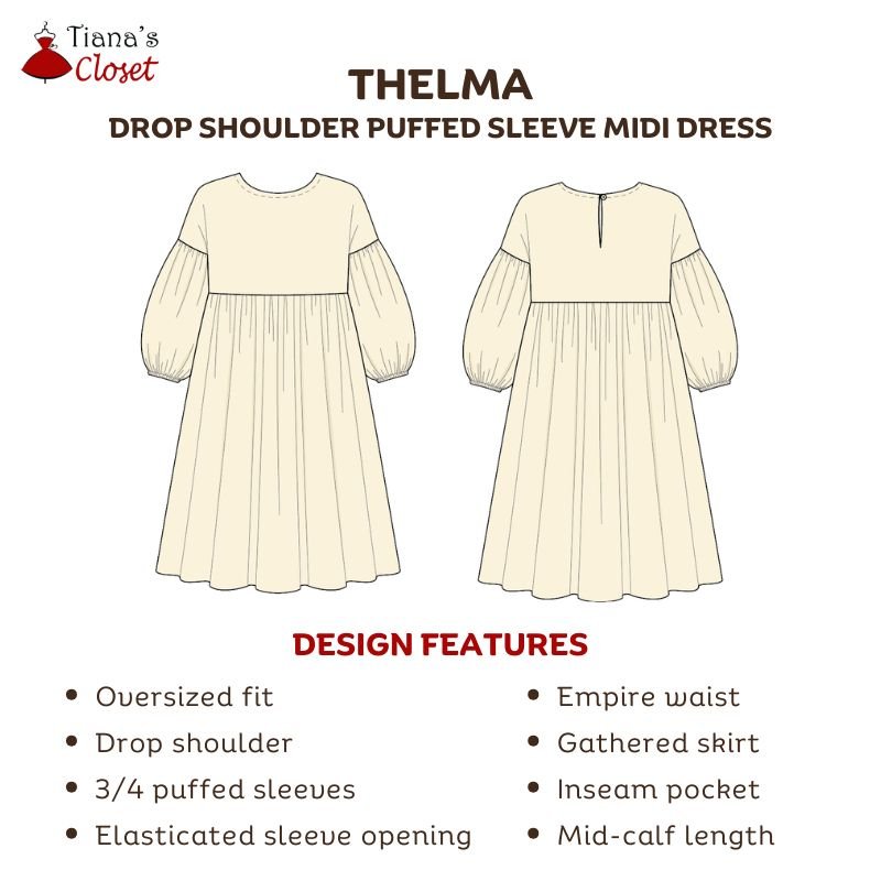 Thelma Drop Shoulder Puffed Sleeve Midi Dress - Image 2