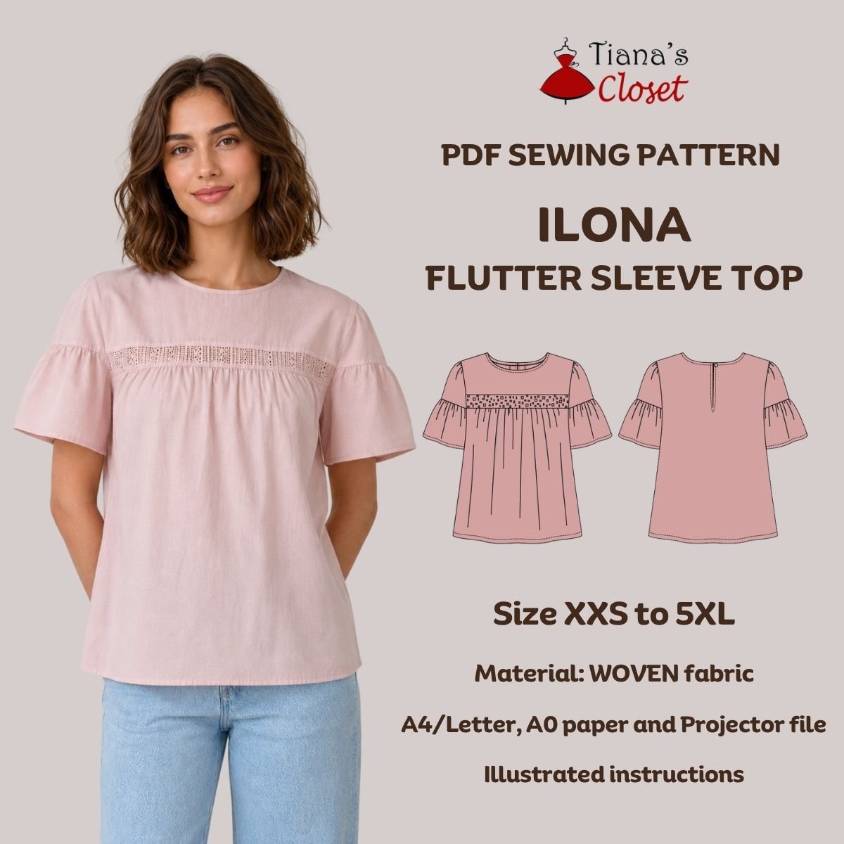 Ilona Flutter Sleeve Top with Decorative Panel