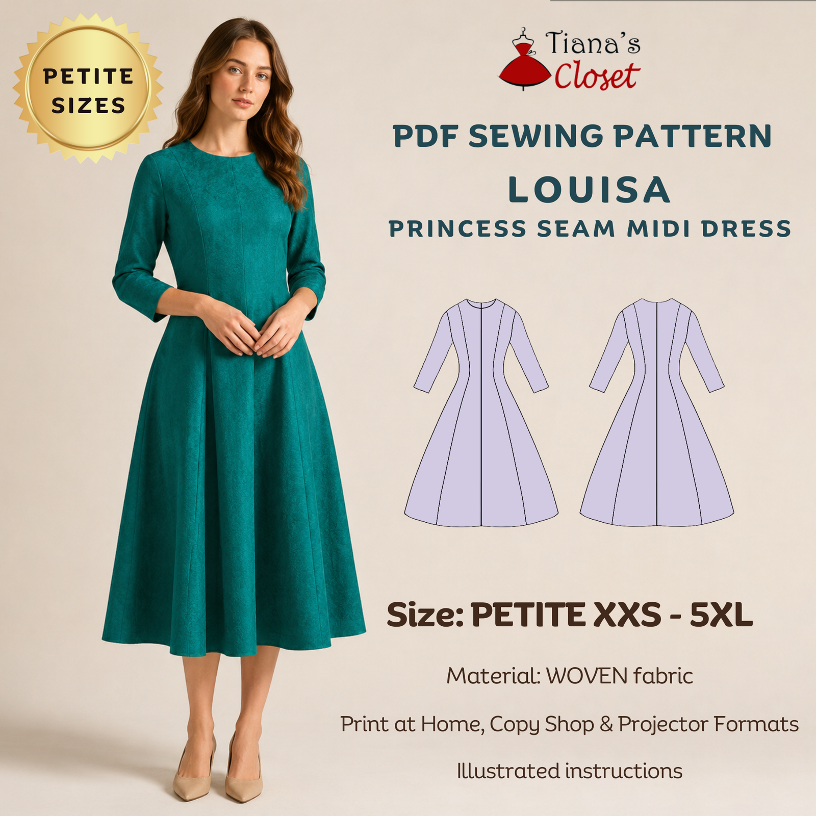 Louisa Princess Seam Midi Dress (Petite Sizes)